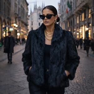 Vintage Half Moon Black Rabbit Fur Jacket – Size Small – Luxe Cropped Coat